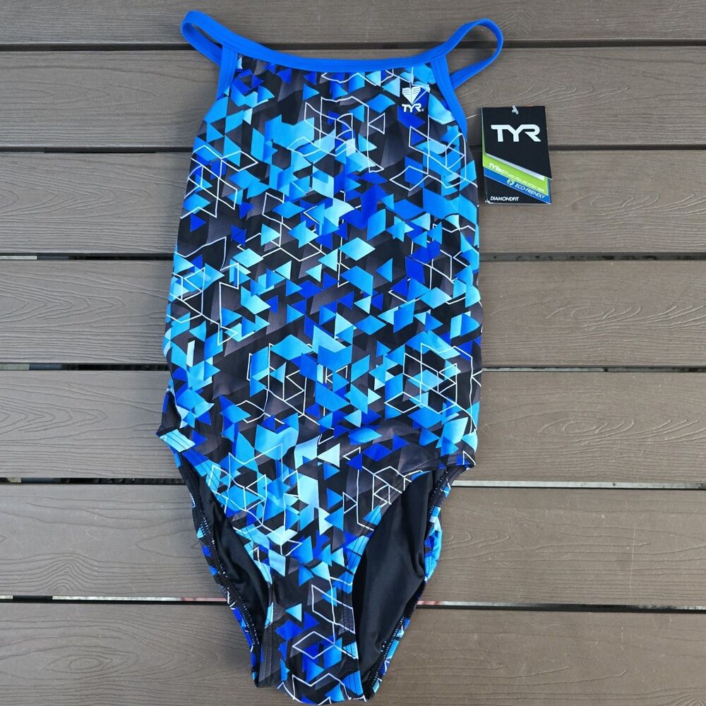 TYR Women's Nylon Blue/black Labyrinth DiamondFit 1 Pc Swimsuit Sz 34 NEW
